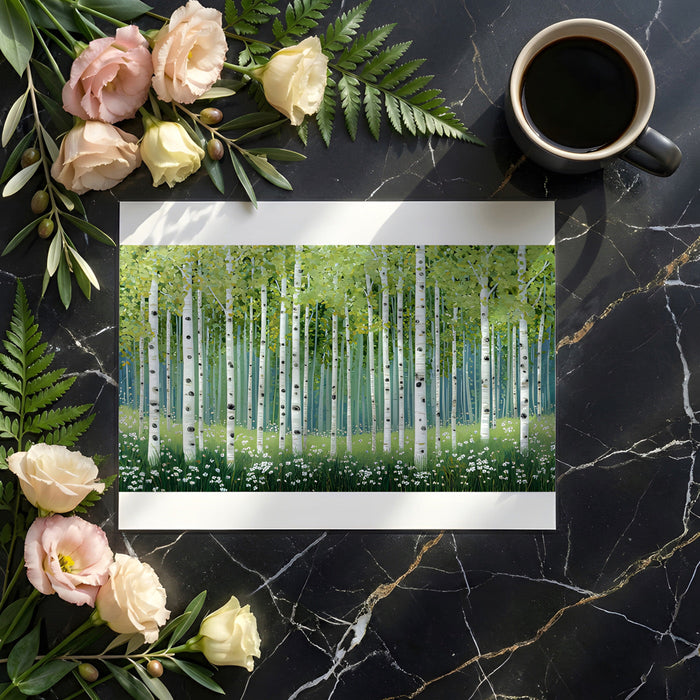 A cozy living room setting with a birch forest wallpaper mural and soft natural light.