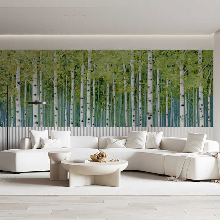 A serene home office space with a large-scale birch grove mural for a natural work backdrop.