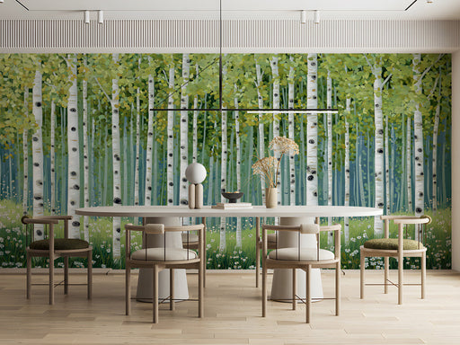 A bright meeting room wall featuring a calming birch forest mural behind a wooden headboard.