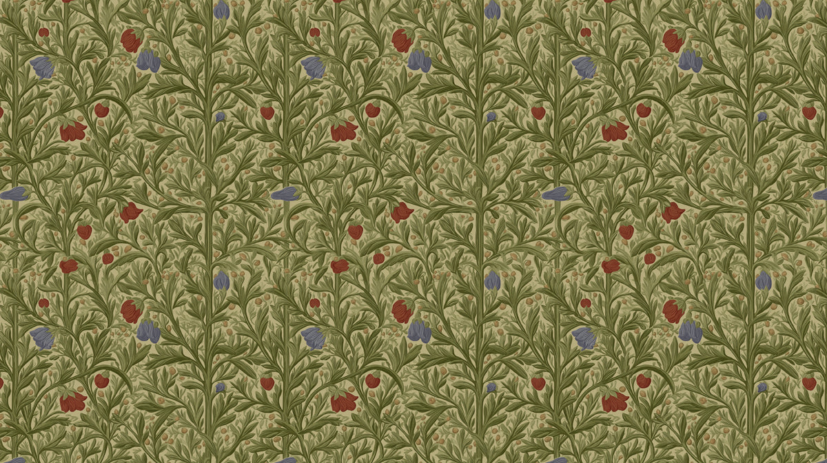William Morris style floral mural with sage green leaves, brick red buds, and cornflower blue petals on a parchment background