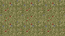 William Morris style floral mural with sage green leaves, brick red buds, and cornflower blue petals on a parchment background