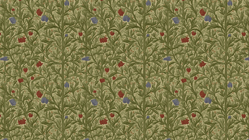 William Morris style floral mural with sage green leaves, brick red buds, and cornflower blue petals on a parchment background