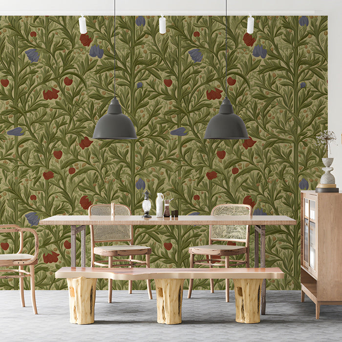 Heritage floral wall mural in a dining room featuring a long oak table and linen curtains