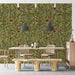Heritage floral wall mural in a dining room featuring a long oak table and linen curtains