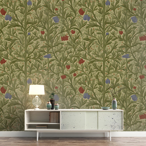 Traditional floral mural installed in a cozy bedroom with dark wooden bookshelves