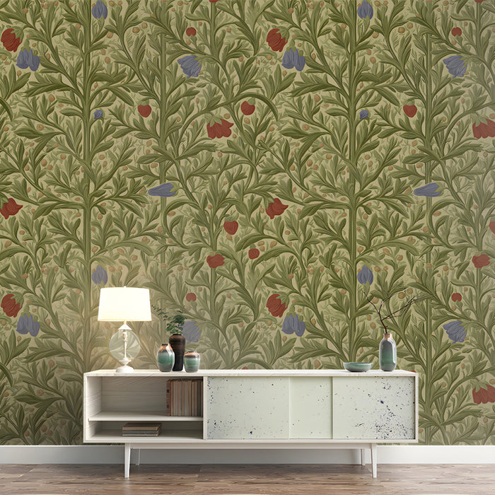 Traditional floral mural installed in a cozy bedroom with dark wooden bookshelves
