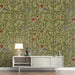 Traditional floral mural installed in a cozy bedroom with dark wooden bookshelves
