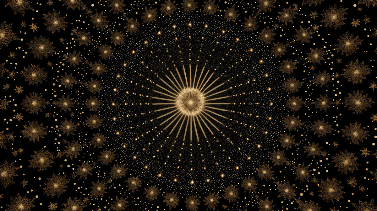Celestial mural wallpaper featuring intricate gold starbursts and floral stars on a deep black background