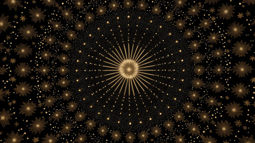 Celestial mural wallpaper featuring intricate gold starbursts and floral stars on a deep black background