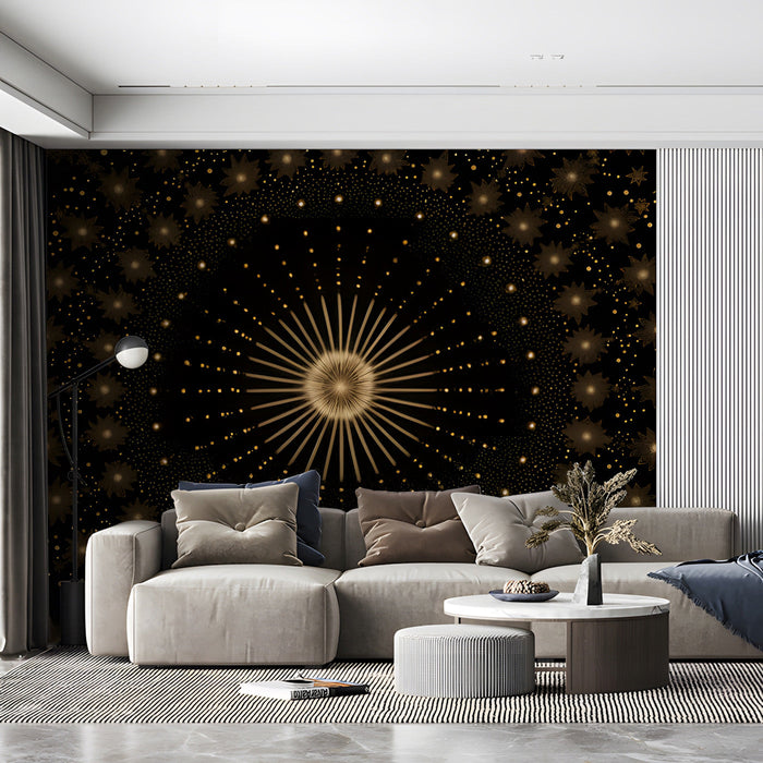 Dramatic living room interior with a starburst mural feature wall and warm ambient lighting