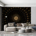 Dramatic living room interior with a starburst mural feature wall and warm ambient lighting