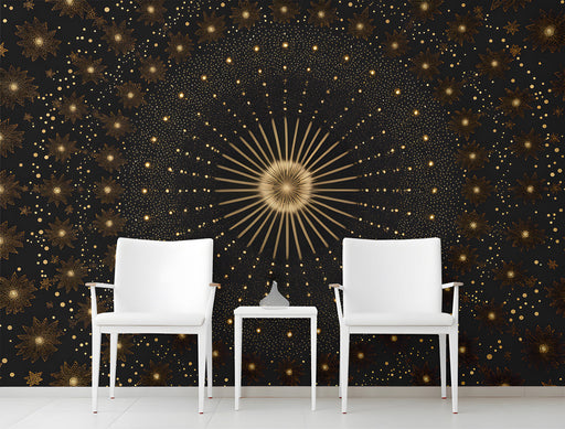 Moody entryway with a central golden sunburst mural behind a dark velvet bed frame