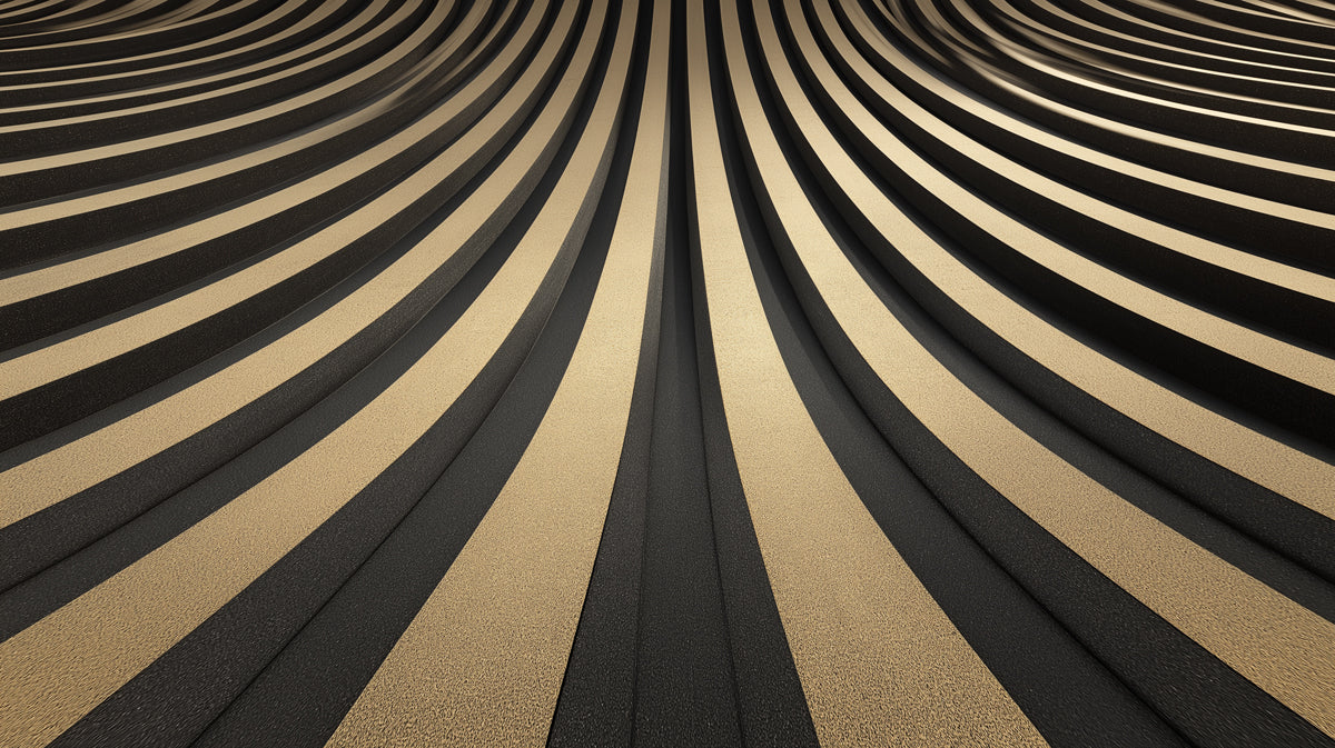 Abstract wallpaper featuring curved, radial bands of metallic champagne gold and textured charcoal gray.