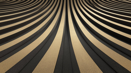 Abstract wallpaper featuring curved, radial bands of metallic champagne gold and textured charcoal gray.