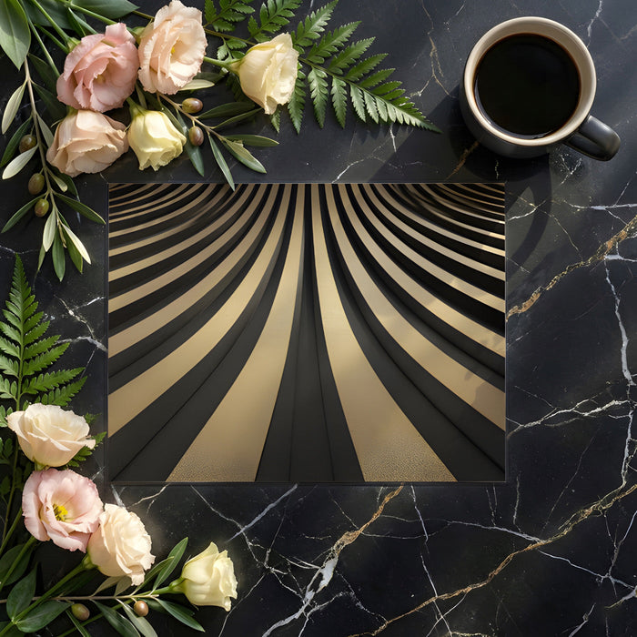 A sleek home office wall accented with the golden and charcoal wave mural, styled with mid-century furniture.