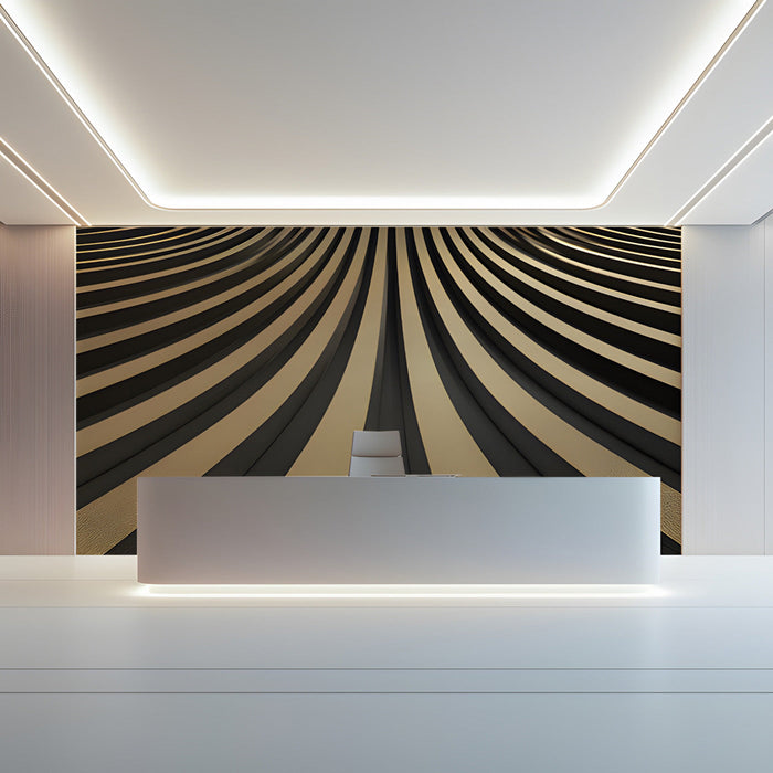 A sophisticated entryway hallway where the curved wave mural adds depth and architectural interest.