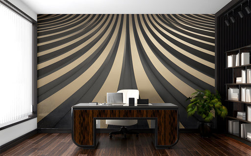 A modern office featuring the radial waves mural as a dramatic, floor-to-ceiling focal point.