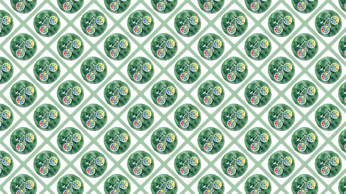 Repeating pattern of white bicycles with color palettes over green watercolor circles on white