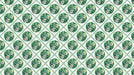 Repeating pattern of white bicycles with color palettes over green watercolor circles on white