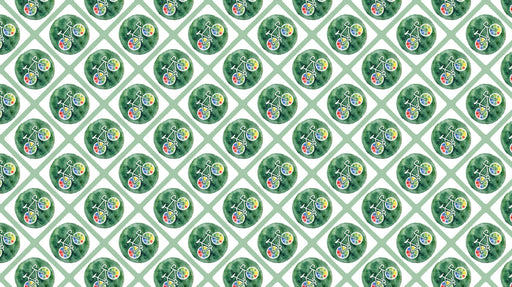 Repeating pattern of white bicycles with color palettes over green watercolor circles on white