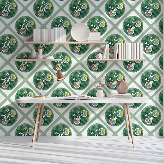 Whimsical wallpaper in a bright, modern creative study room