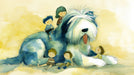 Whimsical watercolor mural of children playing with a large fluffy dog against a yellow background