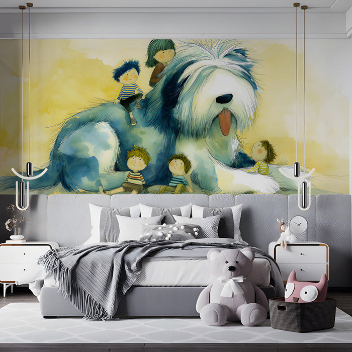 Artistic watercolor mural of children and a dog in a cozy, light-filled bedroom