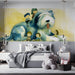 Artistic watercolor mural of children and a dog in a cozy, light-filled bedroom