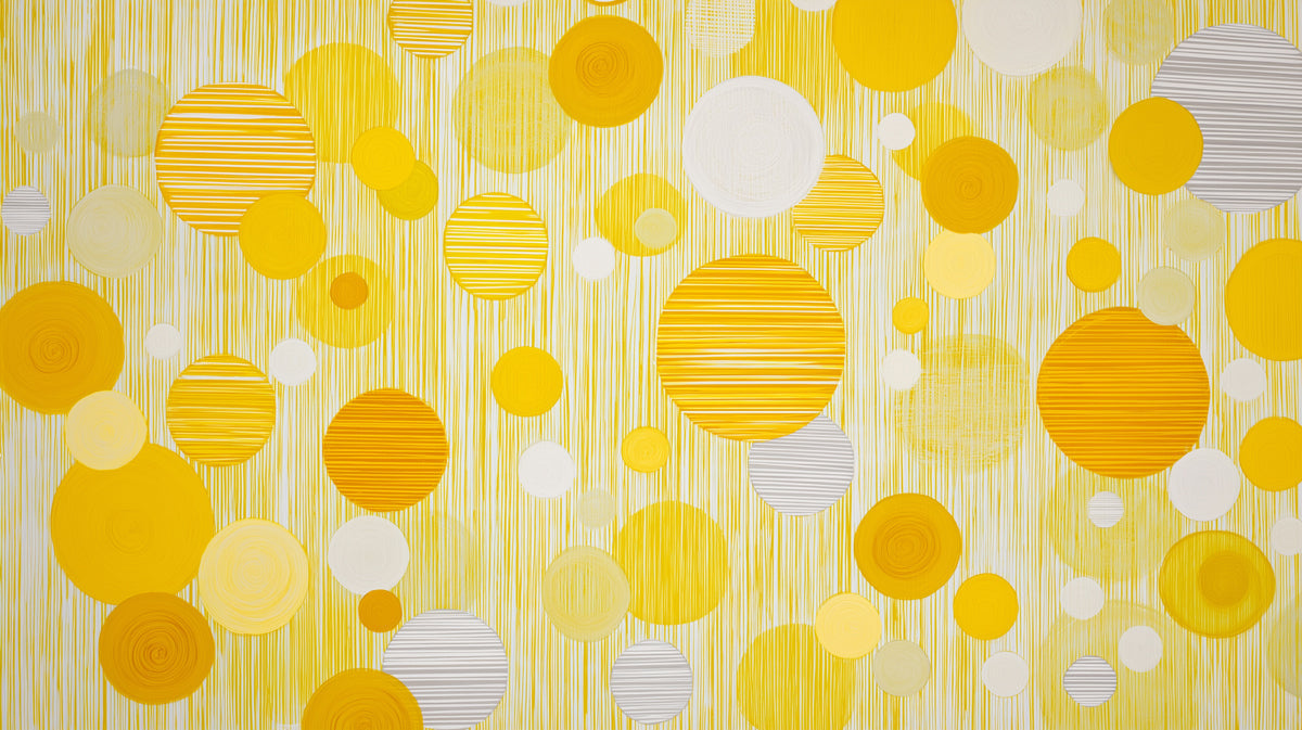 Abstract wallpaper pattern featuring yellow and cream circles with vertical line textures