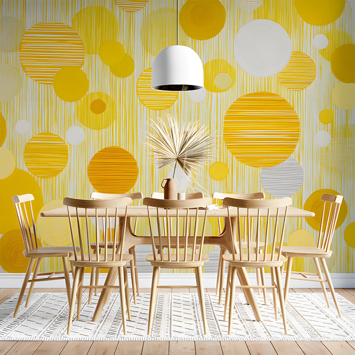 Cheerful yellow patterned wall in a minimalist dining room