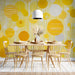 Cheerful yellow patterned wall in a minimalist dining room