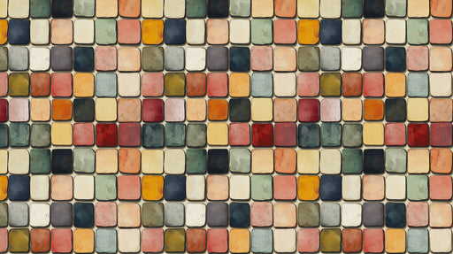 A repeating mural wallpaper pattern of square tiles with a painterly, textured finish in ochre, forest green, and charcoal.
