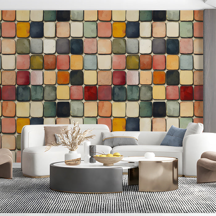A vibrant living room wall decorated with a multicolored square mural wallpaper to create a welcoming first impression.