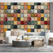 A vibrant living room wall decorated with a multicolored square mural wallpaper to create a welcoming first impression.
