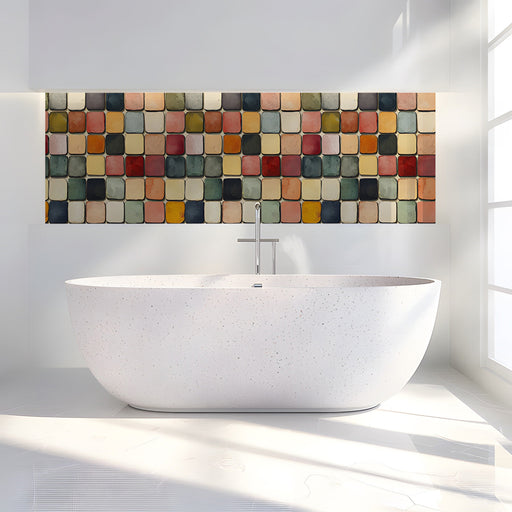 A cozy bathroom featuring a mosaic mural wallpaper as a colorful, artistic backsplash behind open shelving.