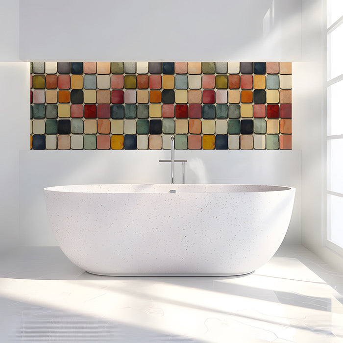 A cozy bathroom featuring a mosaic mural wallpaper as a colorful, artistic backsplash behind open shelving.