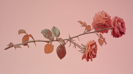 A detailed botanical illustration of a rose branch with crimson flowers and clay-colored leaves on a muted shell-pink background.