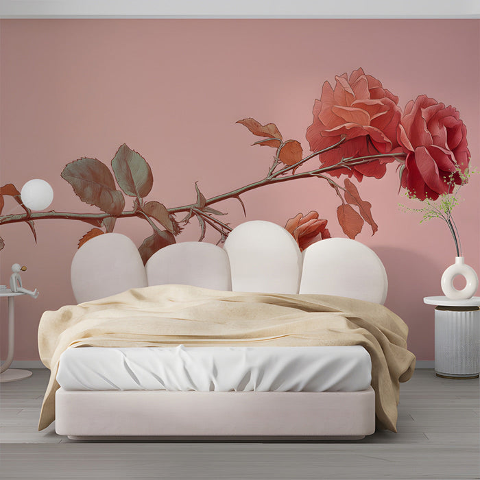 The delicate floral mural design installed in a bedroom, complementing neutral fixtures.