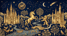 Golden line art of castles, a unicorn, a lion, and constellations on a deep midnight blue background.