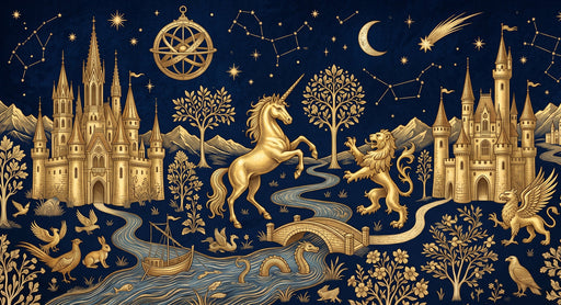 Golden line art of castles, a unicorn, a lion, and constellations on a deep midnight blue background.