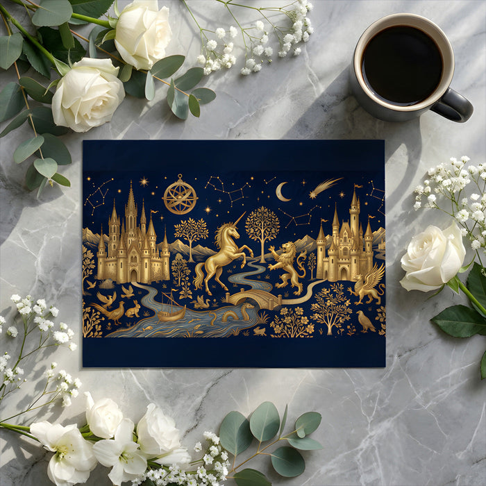 A sophisticated bedroom wall featuring a gold and navy fantasy illustration wallpaper.