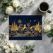 A sophisticated bedroom wall featuring a gold and navy fantasy illustration wallpaper.