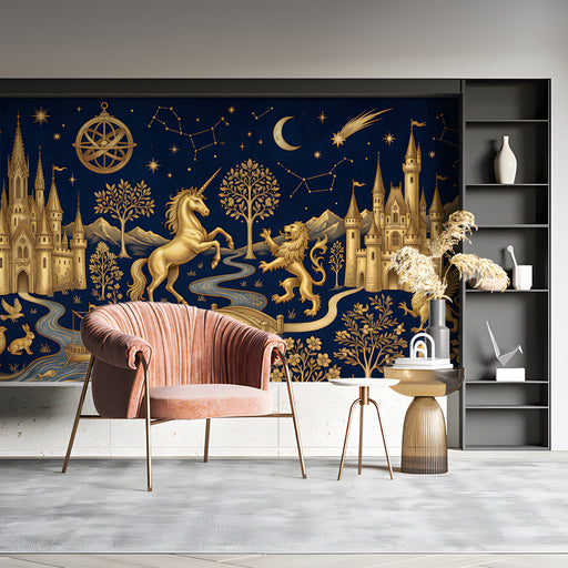 A home study room decorated with a celestial kingdom mural with gold mythical figures.