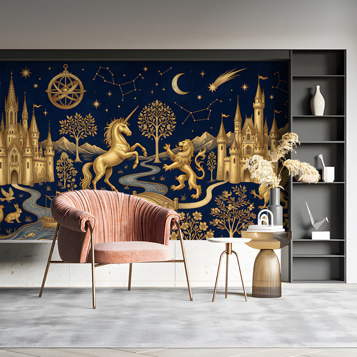 A home study room decorated with a celestial kingdom mural with gold mythical figures.
