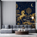 A cozy library reading nook featuring a dark blue mythical mural wallpaper.