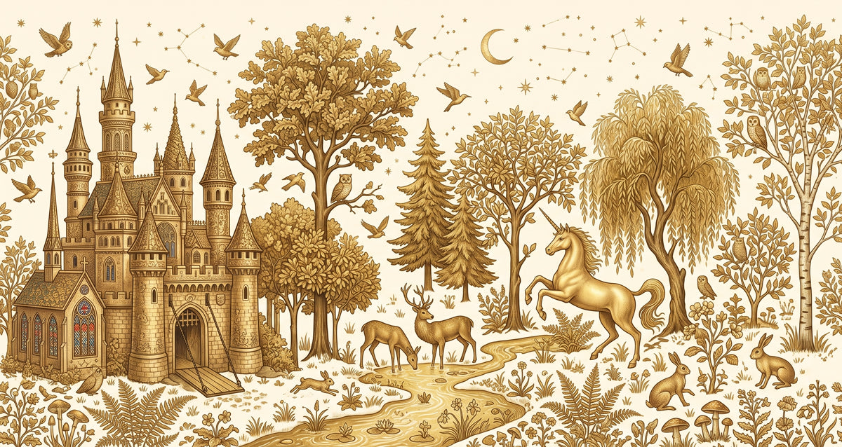 Golden etched mural wallpaper featuring a castle, unicorn, deer, and enchanted forest on a cream background.