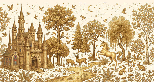 Golden etched mural wallpaper featuring a castle, unicorn, deer, and enchanted forest on a cream background.