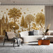 A sophisticated living room featuring a detailed fairytale kingdom wall mural.