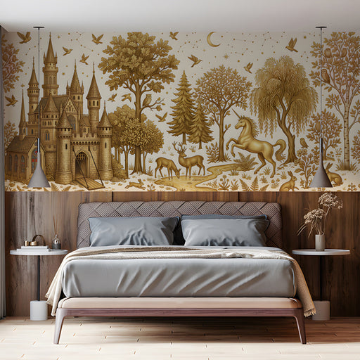 Whimsical bedroom wall featuring a golden castle and unicorn mural wallpaper with antique wooden furniture.