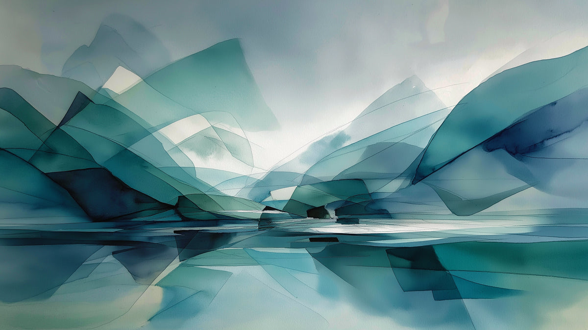 Abstract watercolor mountain landscape mural with overlapping teal, blue, and mint geometric shapes.